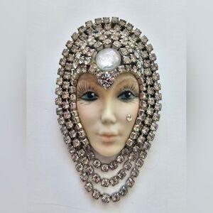 Vintage Porcelain Face Showgirl Flapper Rhinestone Headdress Brooch